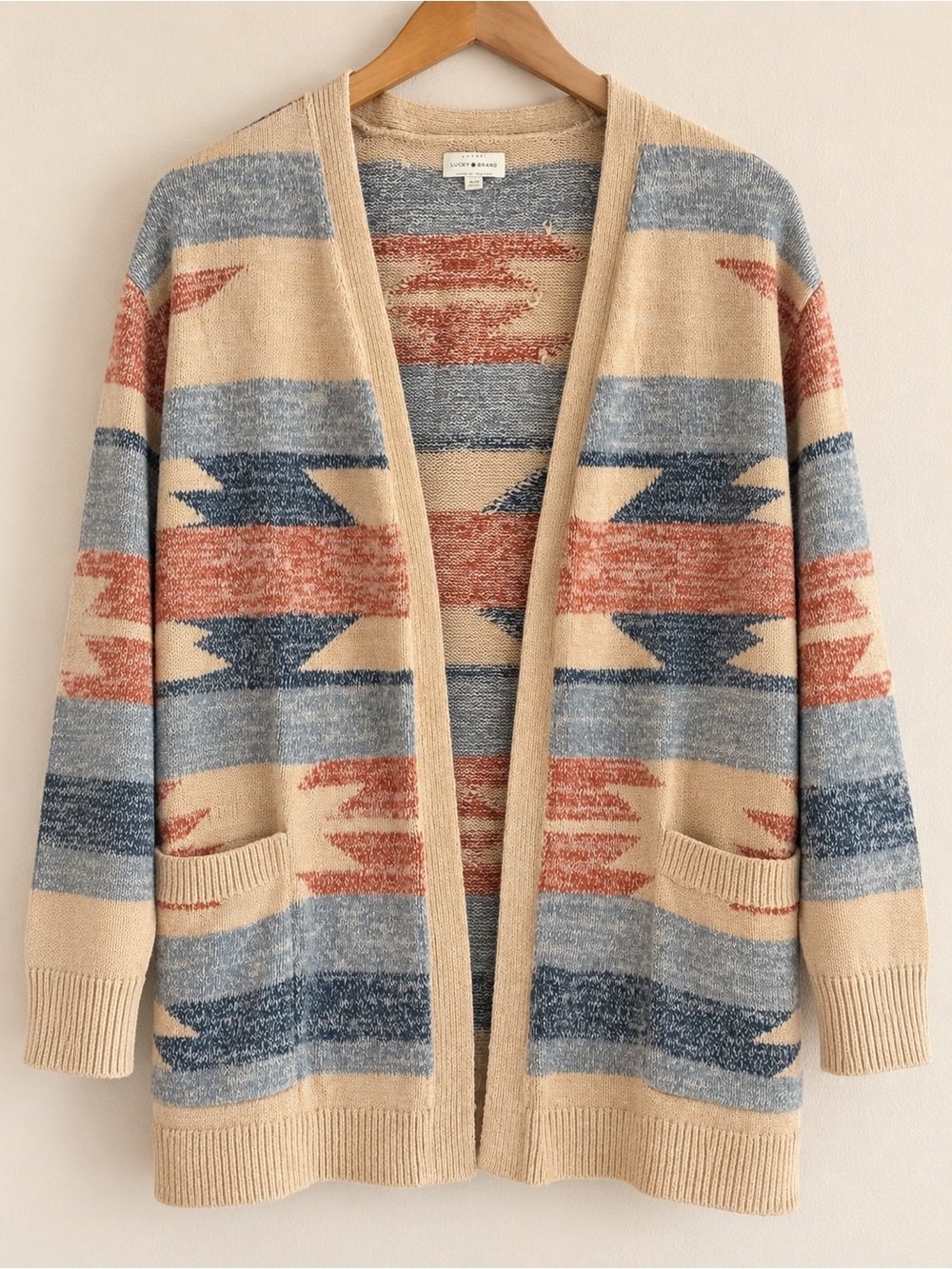 Lucky Brand Beige Open-Front Cardigan with Blue and Rust Stripes